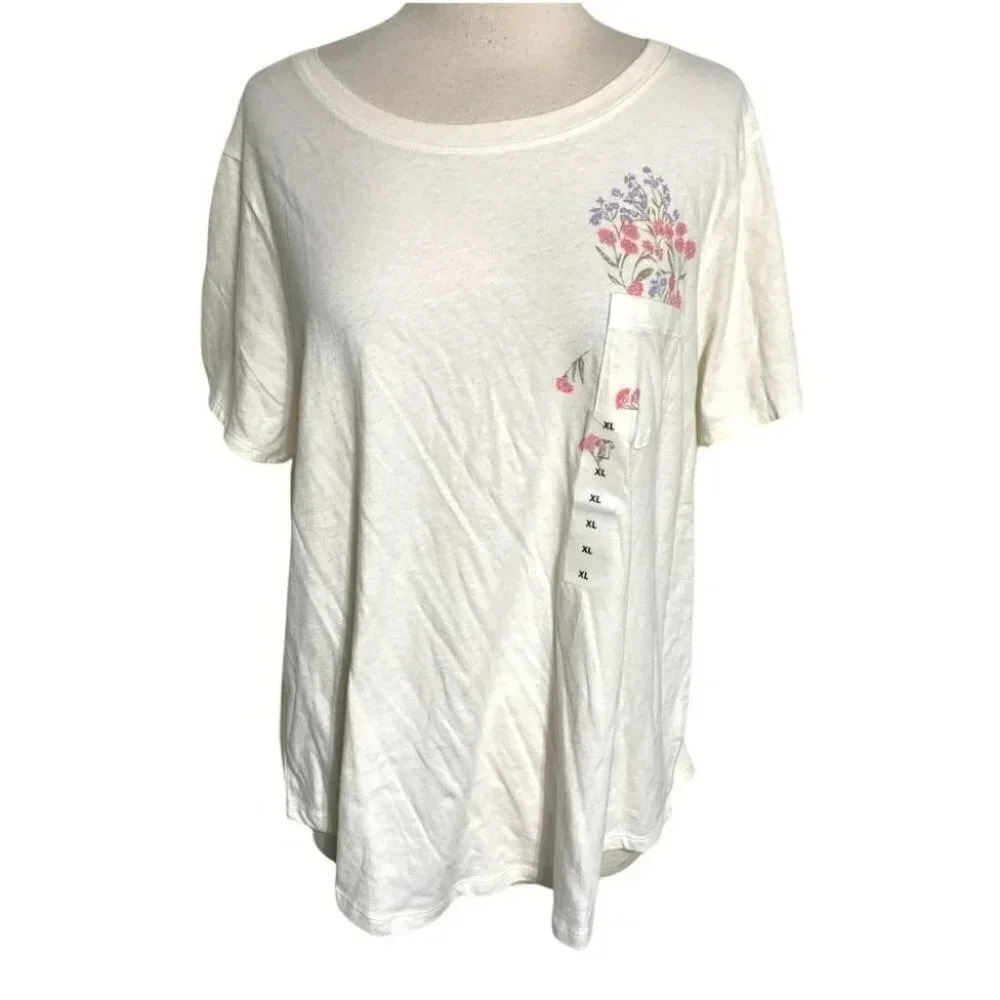 Old Navy Everywear T-Shirt XL Cream Floral Pocket Graphic Short Sleeve Tee‎